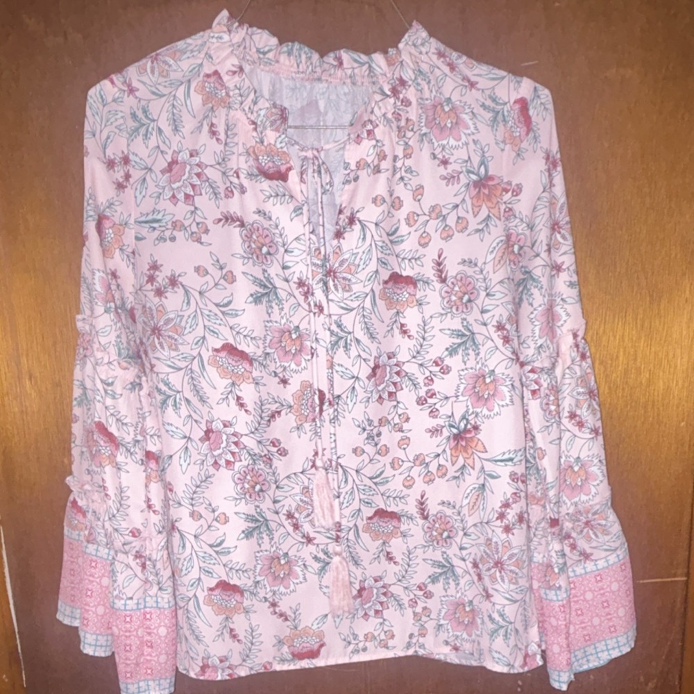 Pink Floral Boho Blouse Ruffle Neck Tassel Tie Top Small
